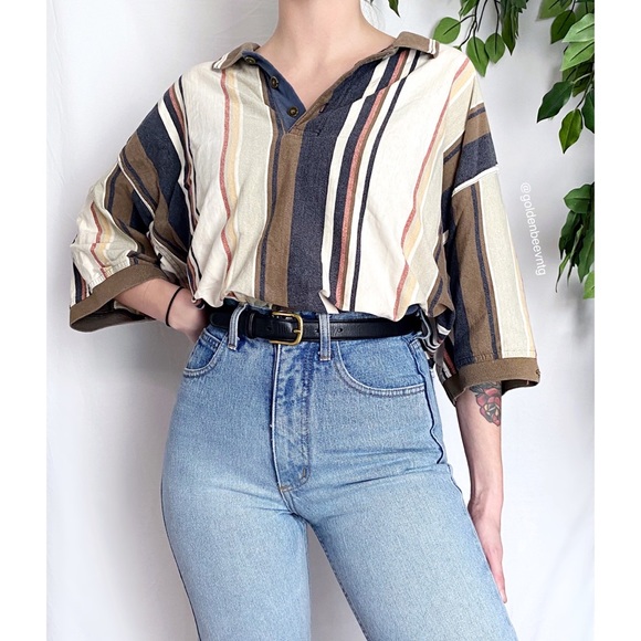 SOLD • Vintage Oversized Retro Striped Color Block Neutral Cotton Henley Top - Picture 2 of 8